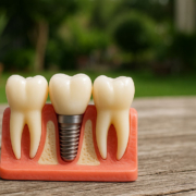 a dental implant model outside on a bench