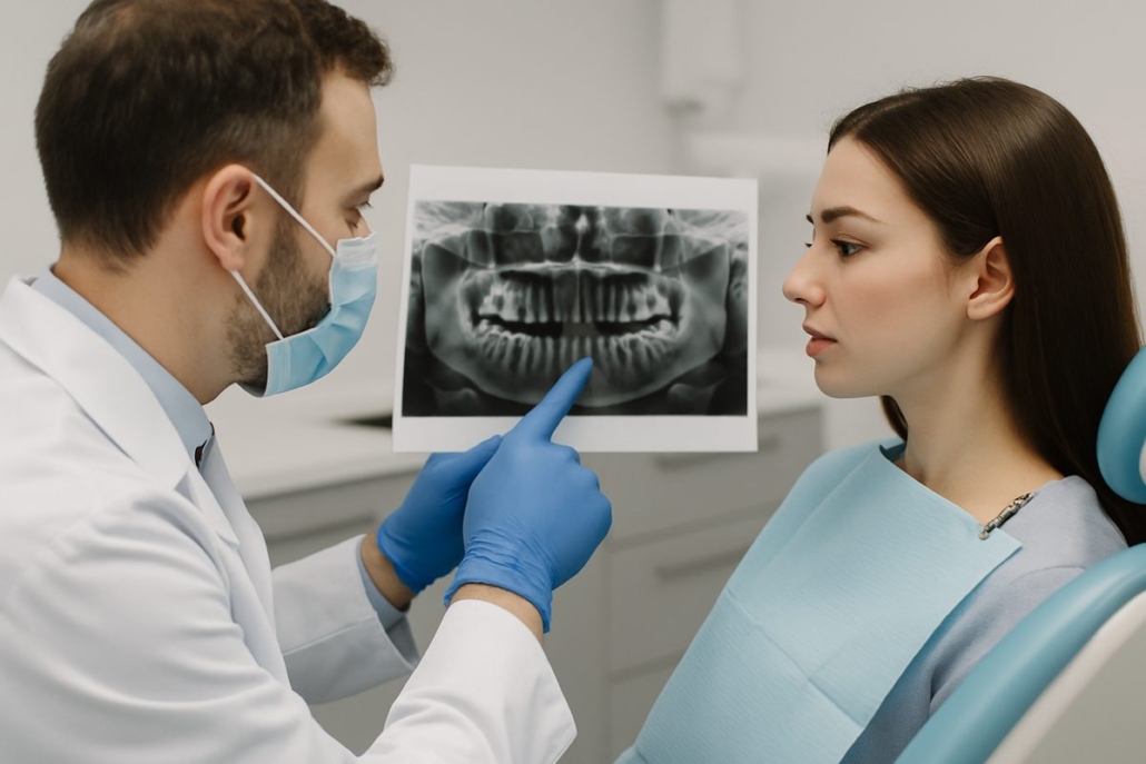 A dentist is showing a patient an x-ray of their jaw, pointing to the area where a bone graft for teeth implant may be needed. No text on image.