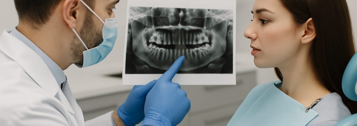 A dentist is showing a patient an x-ray of their jaw, pointing to the area where a bone graft for teeth implant may be needed. No text on image.