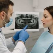 A dentist is showing a patient an x-ray of their jaw, pointing to the area where a bone graft for teeth implant may be needed. No text on image.
