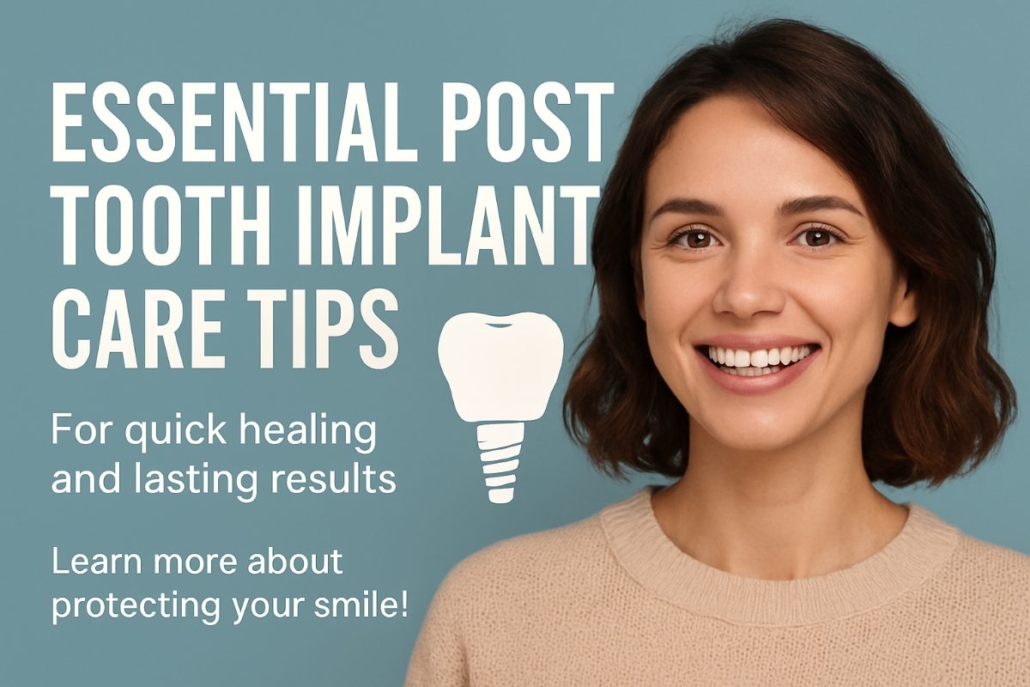 Image of a patient smiling with new dental implants as they are being instructed on post tooth implant care by their dentist. No text on image.