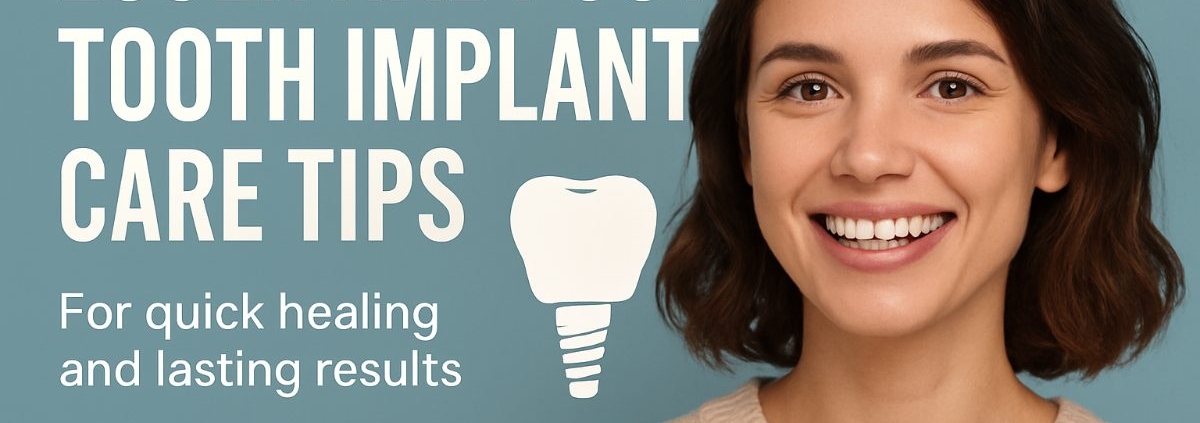 Image of a patient smiling with new dental implants as they are being instructed on post tooth implant care by their dentist. No text on image.