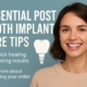 Image of a patient smiling with new dental implants as they are being instructed on post tooth implant care by their dentist. No text on image.