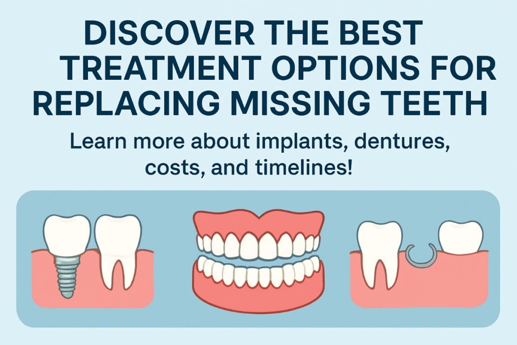 Image showcasing various "treatment dental" options for replacing missing teeth, including implants, bridges, and dentures, with a diverse group of smiling patients. No text on image.