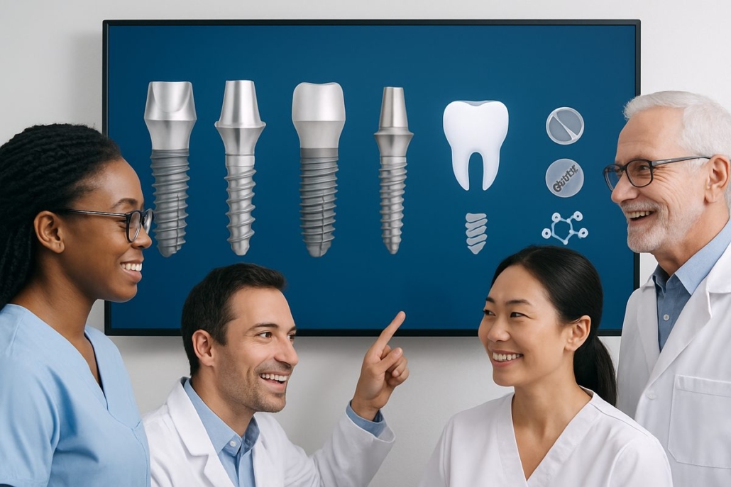 A diverse group of dental professionals collaborating on a digital display of implant systems in dentistry. The display shows various implant types, materials, and digital workflow integrations. No text on the image.