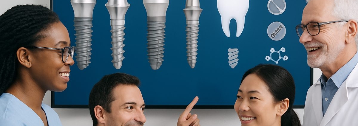 A diverse group of dental professionals collaborating on a digital display of implant systems in dentistry. The display shows various implant types, materials, and digital workflow integrations. No text on the image.