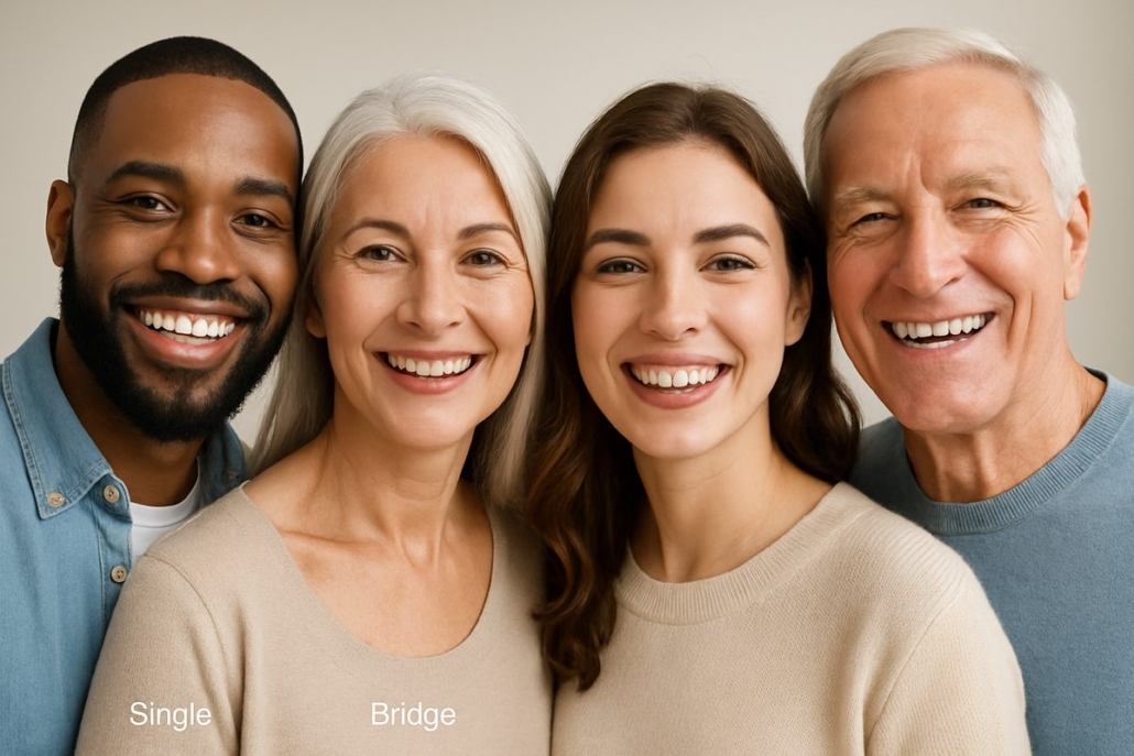 Photo of a diverse group of people smiling confidently, showcasing various dental implant solutions such as single tooth implants, bridges, and full arch replacements. The image should convey the message of restored smiles and improved quality of life. No text on the image.
