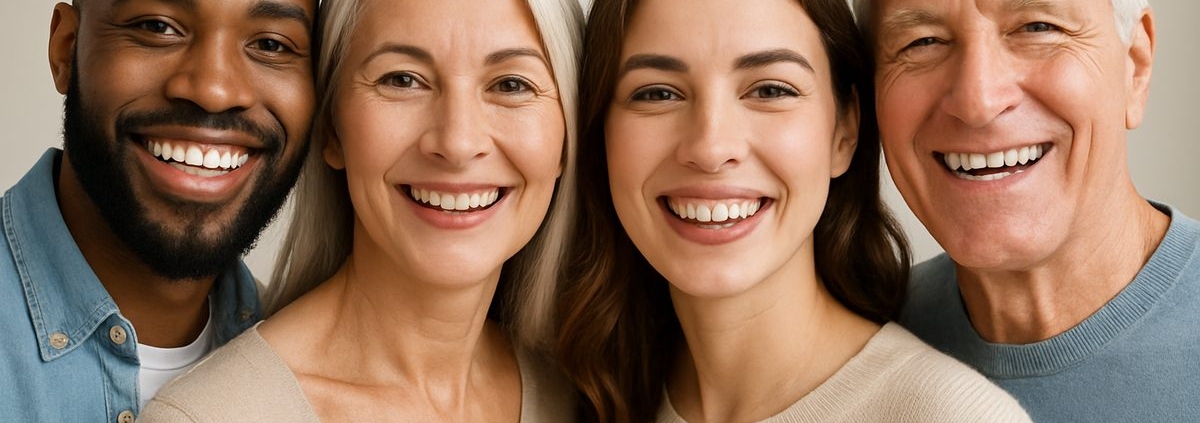 Photo of a diverse group of people smiling confidently, showcasing various dental implant solutions such as single tooth implants, bridges, and full arch replacements. The image should convey the message of restored smiles and improved quality of life. No text on the image.