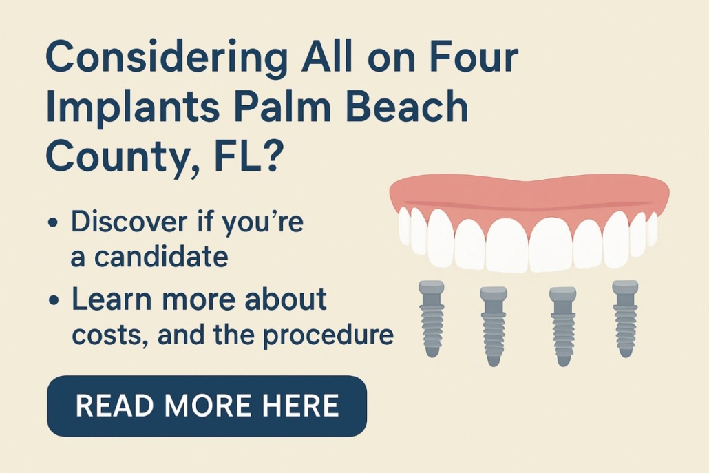 Image of a dentist smiling and pointing to a digital scan of a patient's mouth, showcasing the planned placement of "all on four" dental implants. The image should convey expertise and technology. No text on image.