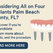 Image of a dentist smiling and pointing to a digital scan of a patient's mouth, showcasing the planned placement of "all on four" dental implants. The image should convey expertise and technology. No text on image.