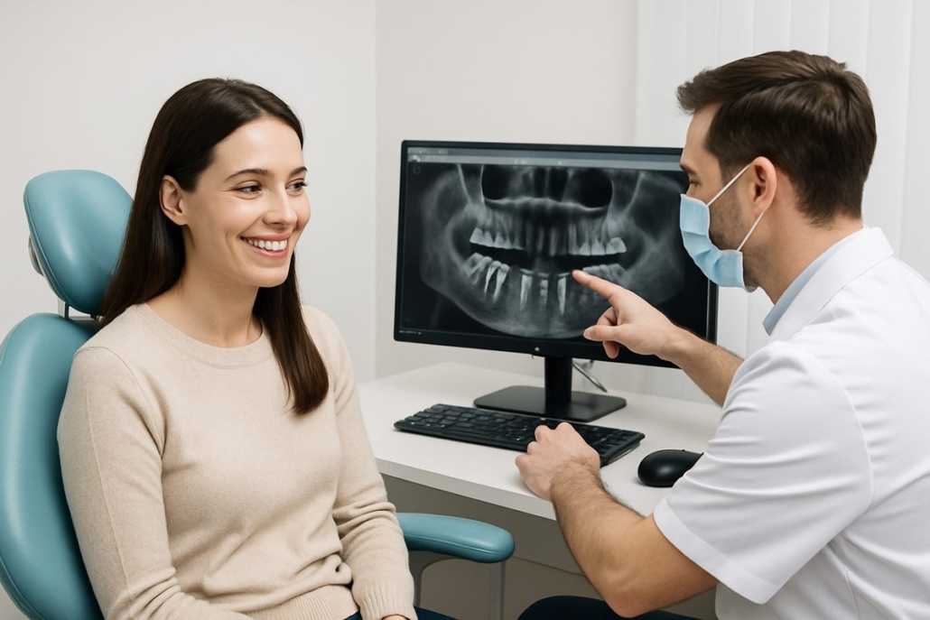 A smiling woman in a dental chair is consulting with a male dental implantologist. The doctor is pointing to a digital scan of the patient's jaw on a computer screen, illustrating the planned dental implant procedure. No text on the image.