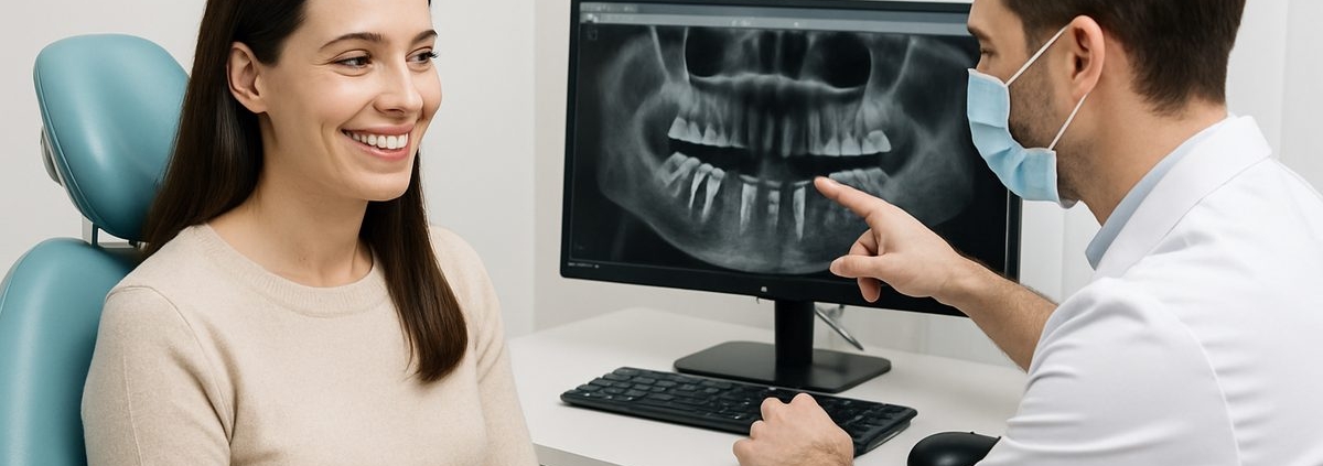 A smiling woman in a dental chair is consulting with a male dental implantologist. The doctor is pointing to a digital scan of the patient's jaw on a computer screen, illustrating the planned dental implant procedure. No text on the image.