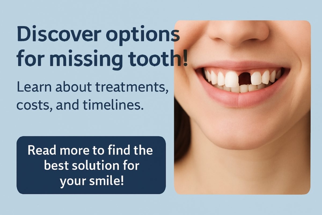 A dentist is consulting with a patient about options for replacing a missing tooth, using models and X-rays to explain the differences between dental implants, bridges, and dentures. No text on image.