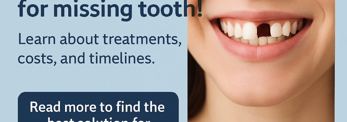 A dentist is consulting with a patient about options for replacing a missing tooth, using models and X-rays to explain the differences between dental implants, bridges, and dentures. No text on image.