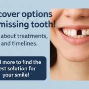 A dentist is consulting with a patient about options for replacing a missing tooth, using models and X-rays to explain the differences between dental implants, bridges, and dentures. No text on image.