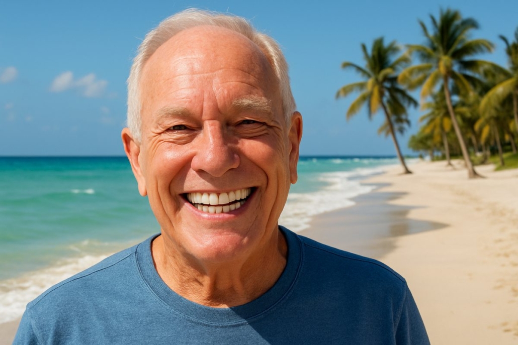 Image of a smiling senior man in Miami-Dade County, FL, showcasing his new All-on-4 dental implants, with a sunny beach in the background. No text on image.