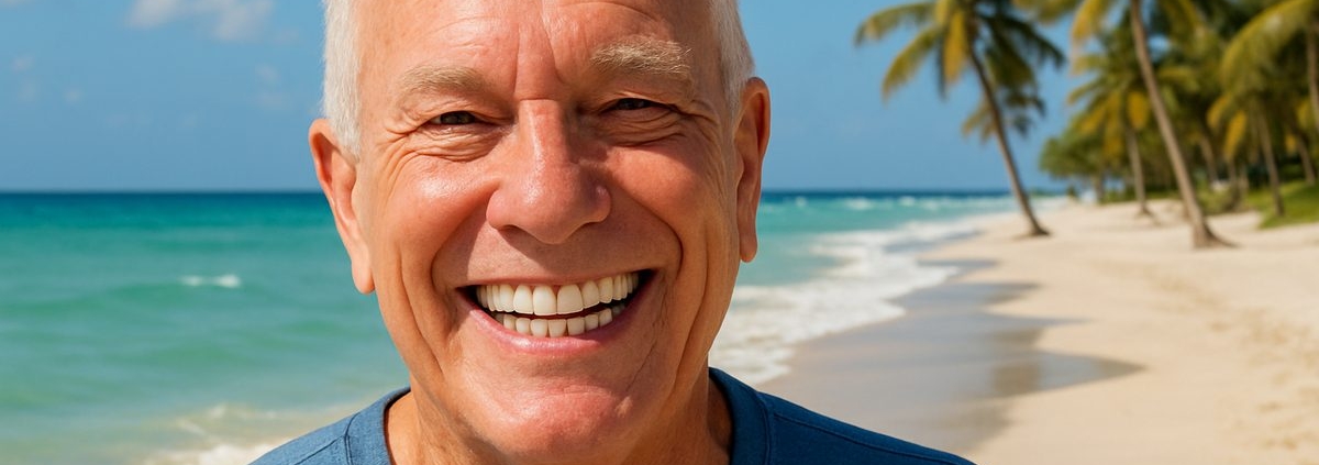 Image of a smiling senior man in Miami-Dade County, FL, showcasing his new All-on-4 dental implants, with a sunny beach in the background. No text on image.