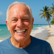 Image of a smiling senior man in Miami-Dade County, FL, showcasing his new All-on-4 dental implants, with a sunny beach in the background. No text on image.