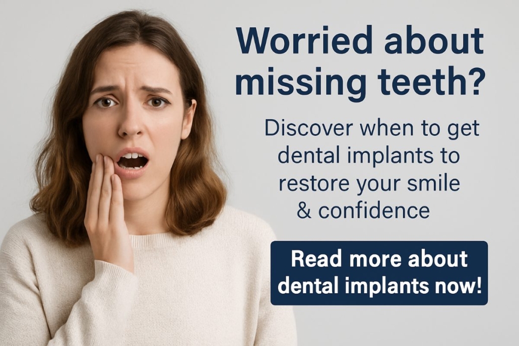 An infographic detailing a decision tree to help patients decide "when to get dental implants". The infographic includes the questions "Are you missing teeth?", "Do you have tooth pain?", and "Are your dentures loose?" No text on the image.