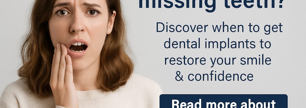 An infographic detailing a decision tree to help patients decide "when to get dental implants". The infographic includes the questions "Are you missing teeth?", "Do you have tooth pain?", and "Are your dentures loose?" No text on the image.