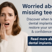 An infographic detailing a decision tree to help patients decide "when to get dental implants". The infographic includes the questions "Are you missing teeth?", "Do you have tooth pain?", and "Are your dentures loose?" No text on the image.
