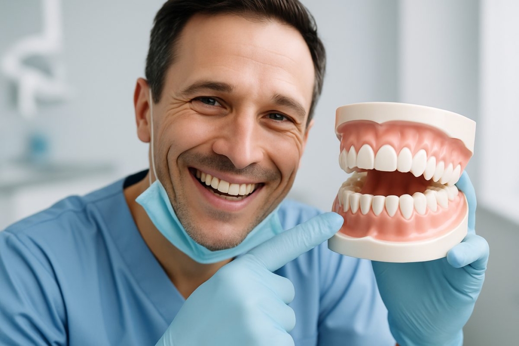 Close up image of a dentist smiling and pointing to a set of perfect, white, false teeth in a patient's mouth. No text on image.