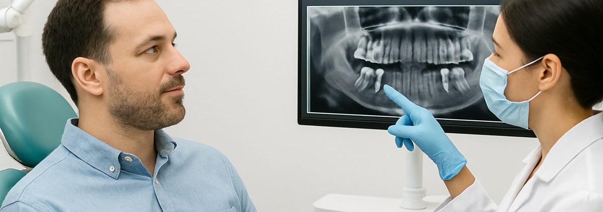 A person sitting in a dentist's chair getting a consultation about dental implants. The dentist is pointing to a scan of the patient's mouth, with the words "Dental Implant Consultation" on the screen.