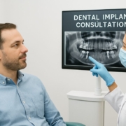 A person sitting in a dentist's chair getting a consultation about dental implants. The dentist is pointing to a scan of the patient's mouth, with the words "Dental Implant Consultation" on the screen.