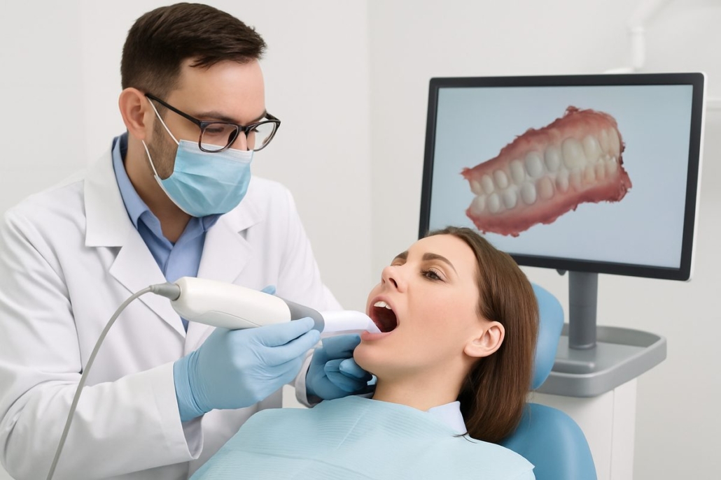 Image of a dentist examining a patient's jaw with a 3D scanner, illustrating the assessment process for full mouth dental implants.
