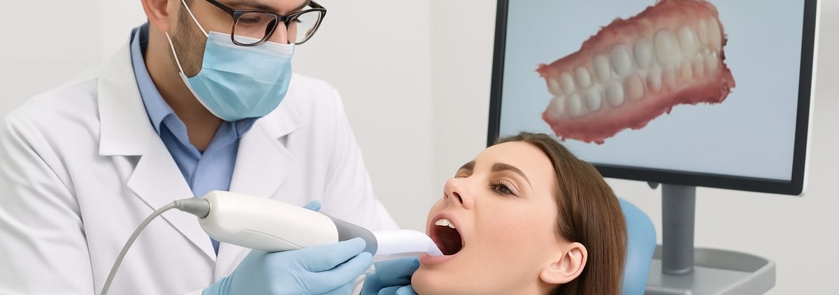 Image of a dentist examining a patient's jaw with a 3D scanner, illustrating the assessment process for full mouth dental implants.