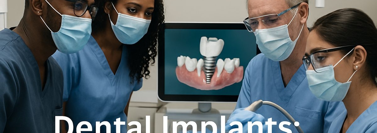 Photo of a diverse group of dental professionals in Miami-Dade County collaborating on a dental implant procedure, showcasing advanced technology. The text on the image reads "Dental Implants: Miami-Dade County".