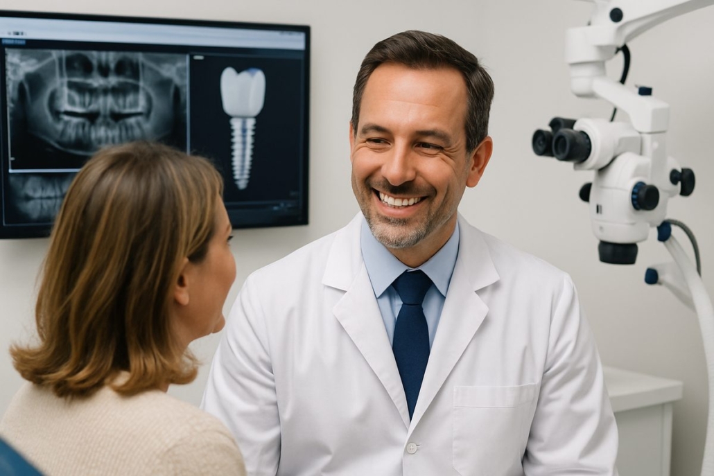 A friendly dental implantologist in West Palm Beach, FL smiling and consulting with a patient, showcasing modern dental technology in the background. No text on image.