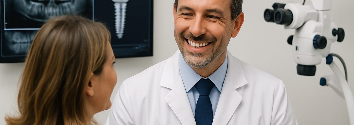 A friendly dental implantologist in West Palm Beach, FL smiling and consulting with a patient, showcasing modern dental technology in the background. No text on image.