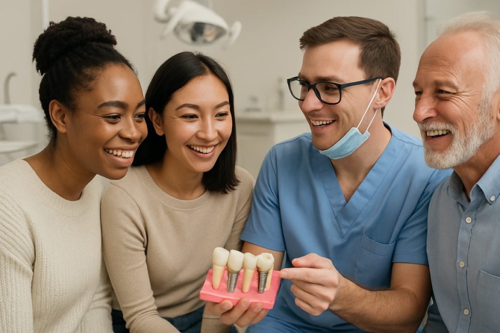 Close-up of a diverse group of people in a dental office, smiling and engaged in a discussion about dental implant options with a friendly dentist.