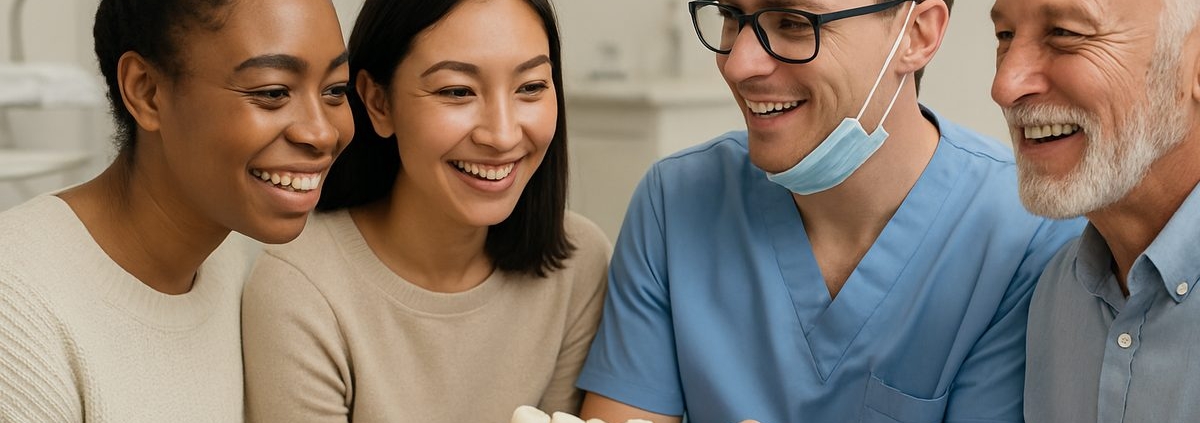 Close-up of a diverse group of people in a dental office, smiling and engaged in a discussion about dental implant options with a friendly dentist.