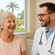 A smiling senior woman is talking to a male dentist in his office in West Palm Beach, Florida. No text on image.