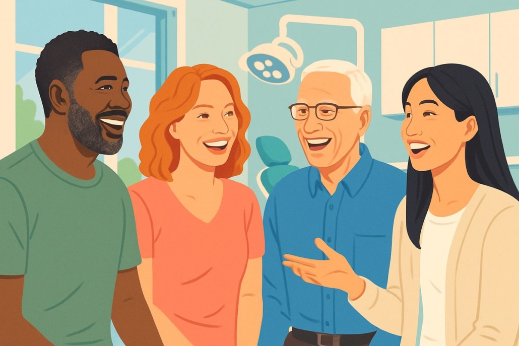 Illustration of a diverse group of people smiling and talking, representing various lifestyles and ages, to highlight the broad range of candidacy for full mouth implants. The setting should be a bright, modern dental office, conveying a sense of inclusion and accessibility.
