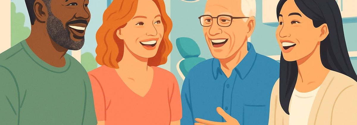 Illustration of a diverse group of people smiling and talking, representing various lifestyles and ages, to highlight the broad range of candidacy for full mouth implants. The setting should be a bright, modern dental office, conveying a sense of inclusion and accessibility.