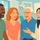 Illustration of a diverse group of people smiling and talking, representing various lifestyles and ages, to highlight the broad range of candidacy for full mouth implants. The setting should be a bright, modern dental office, conveying a sense of inclusion and accessibility.