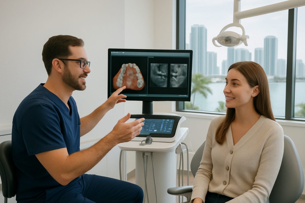 A modern dental implant center in Miami, FL, featuring state-of-the-art technology and a welcoming atmosphere. The image should showcase a dentist consulting with a patient, reviewing digital scans of their teeth, with the Miami skyline subtly visible through a window. No text on image.