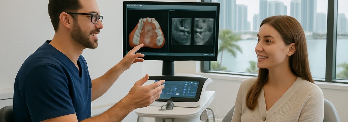 A modern dental implant center in Miami, FL, featuring state-of-the-art technology and a welcoming atmosphere. The image should showcase a dentist consulting with a patient, reviewing digital scans of their teeth, with the Miami skyline subtly visible through a window. No text on image.