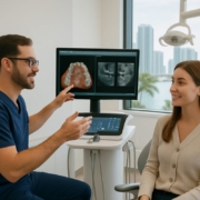 A modern dental implant center in Miami, FL, featuring state-of-the-art technology and a welcoming atmosphere. The image should showcase a dentist consulting with a patient, reviewing digital scans of their teeth, with the Miami skyline subtly visible through a window. No text on image.