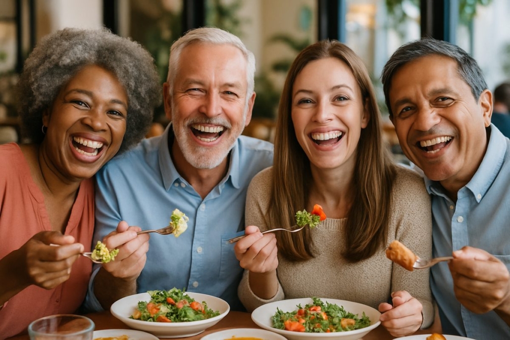 Image of a diverse group of people happily eating and smiling, showcasing the life-changing benefits of affordable dental implants. No text on image.