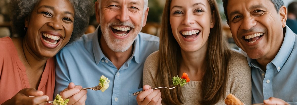 Image of a diverse group of people happily eating and smiling, showcasing the life-changing benefits of affordable dental implants. No text on image.