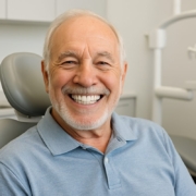 A smiling senior man is showing off his new set of All-on-4 dental implants. He is sitting in a modern dental office in Hialeah, FL. No text on image.