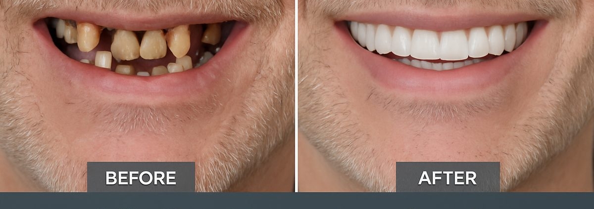 A before-and-after image showcasing a patient's smile transformation with All-on-Four dental implants. The "before" side shows damaged or missing teeth, and the "after" side displays a full, natural-looking set of teeth. Text on image: "All-On-Four Implants: A New Smile Awaits".