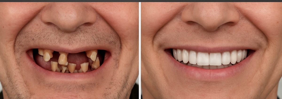 A before and after image showcasing a patient's smile transformation with full mouth dental implants. The "before" side shows missing and damaged teeth, while the "after" side displays a complete, natural-looking set of teeth. Text on the image says "Full Mouth Dental Implants: Transform Your Smile!"