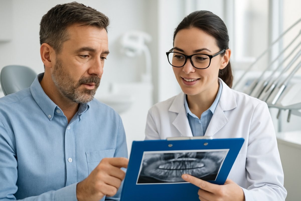 A close-up shot of a patient and dentist discussing the patient's dental records during a consultation in a modern, well-lit dental office.