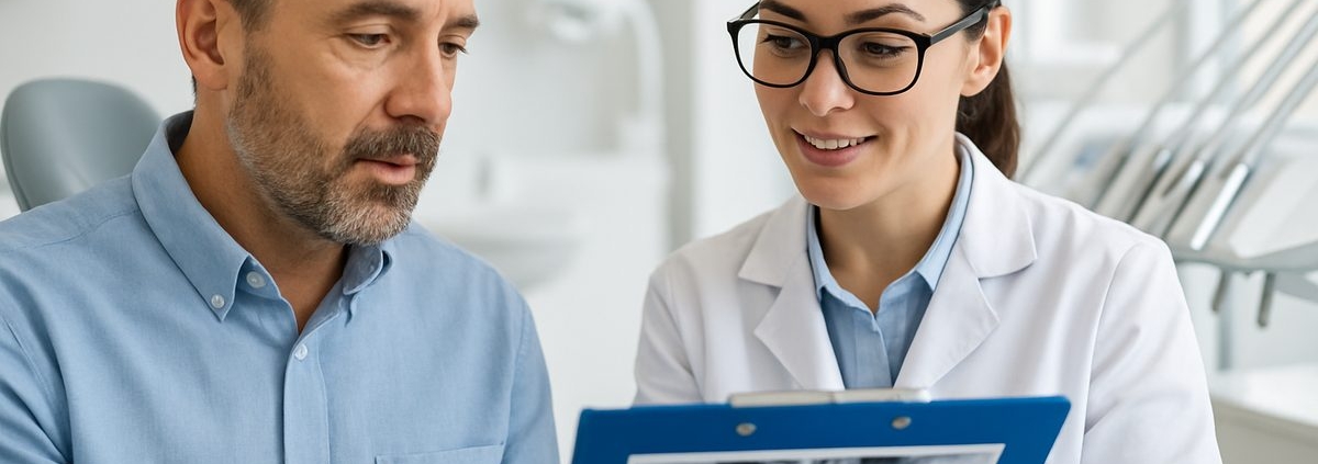 A close-up shot of a patient and dentist discussing the patient's dental records during a consultation in a modern, well-lit dental office.