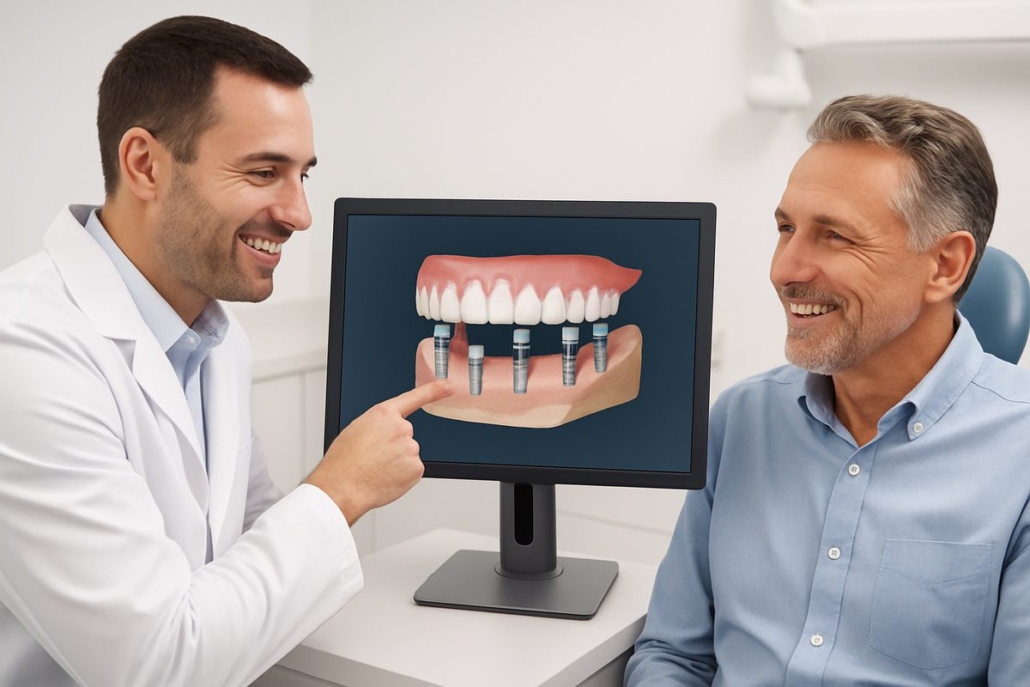 A dentist is pointing to a set of all-on-four dental implants on a computer screen for a patient. The dentist and patient are smiling. No text on the image.